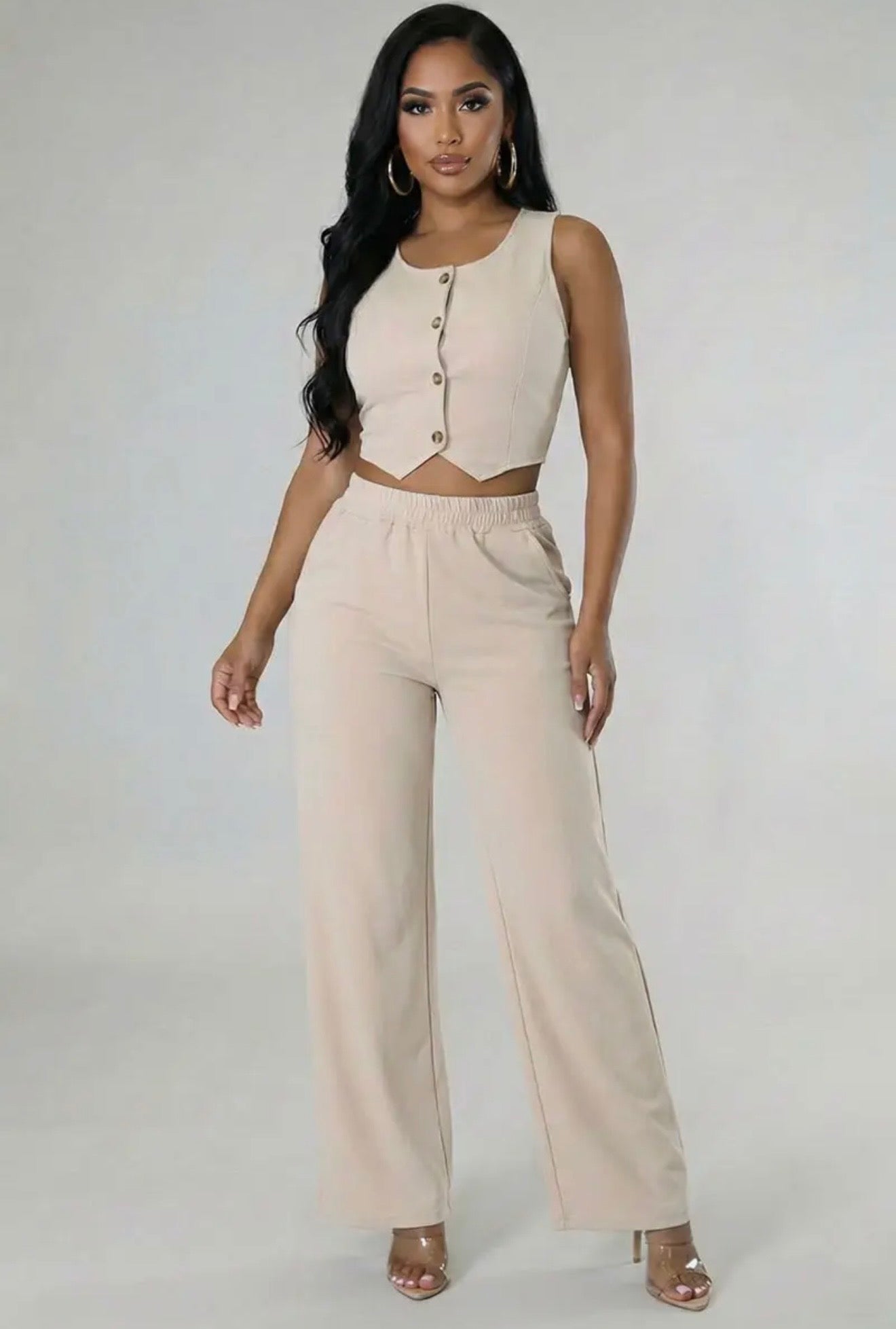 Scoop neck button vest and wide leg pant set