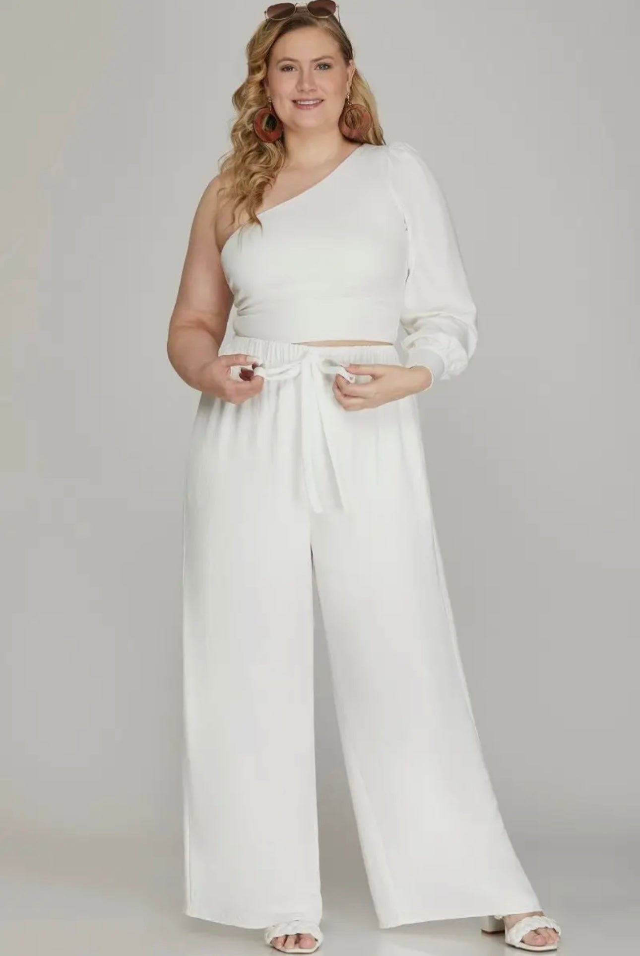 Off white elastic waist and tie wide leg