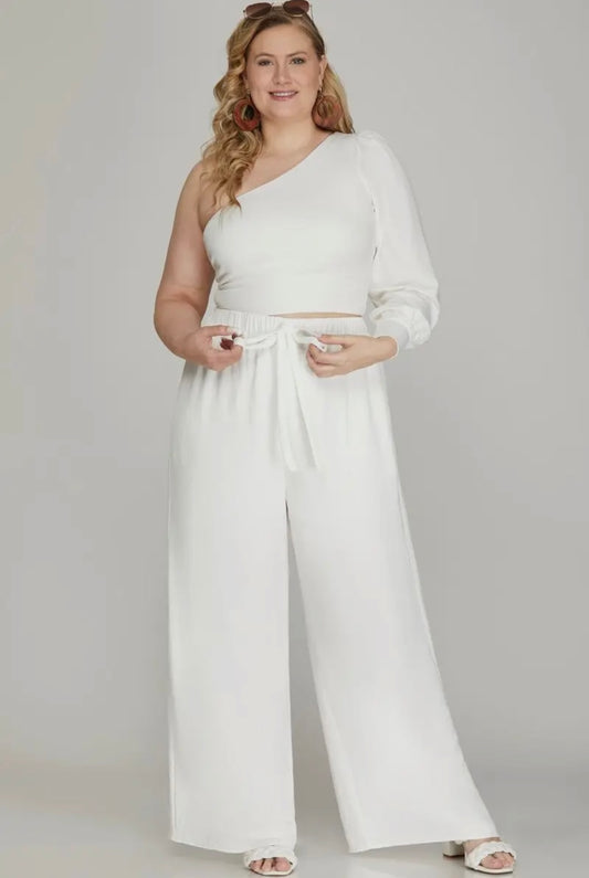 Off white elastic waist and tie wide leg