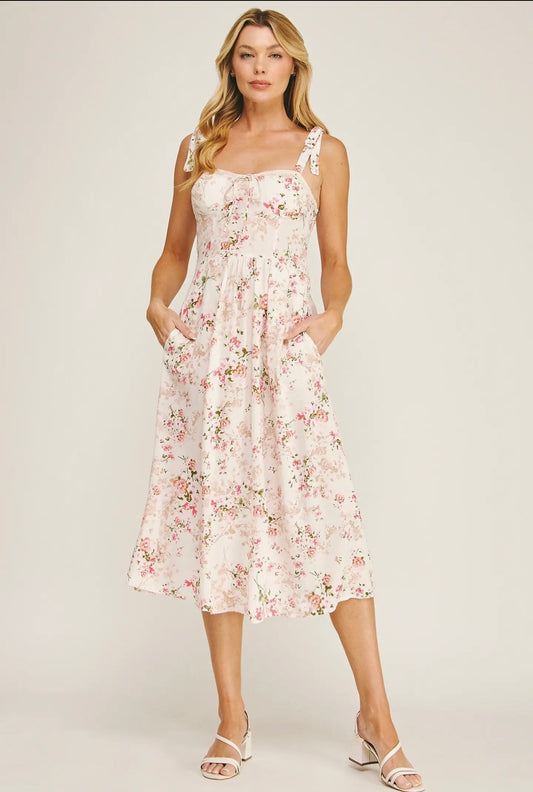 Romantic floral tie strap midi dress