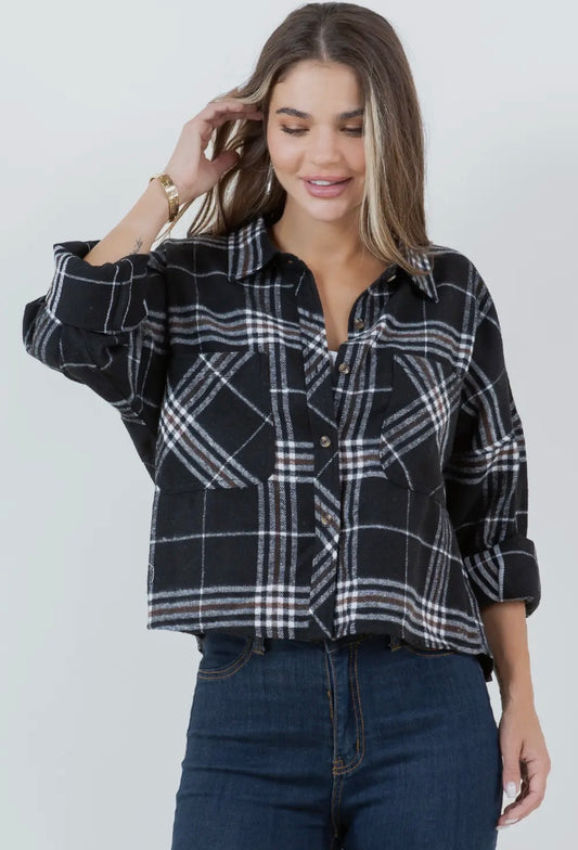 Boxy cropped long sleeve plaid over shirt