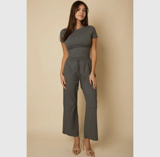 Short sleeve round neck top and wide leg pant set