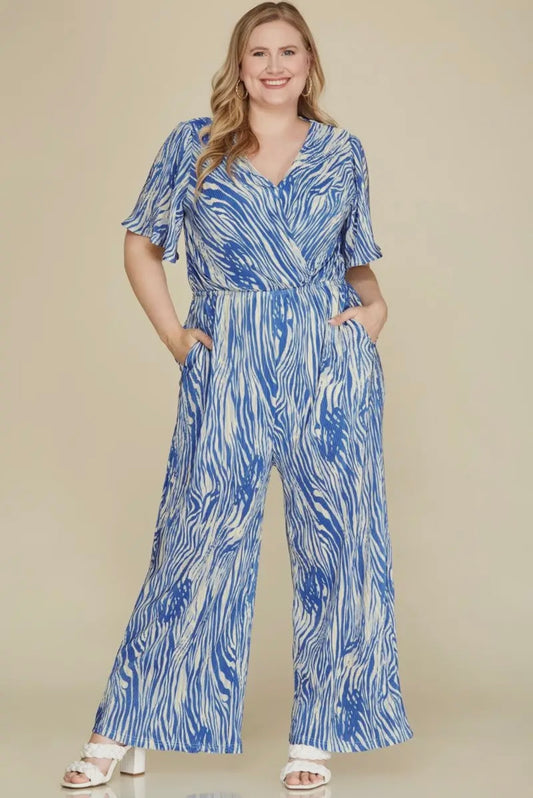 Plus size surplice plisse fabric jumpsuit