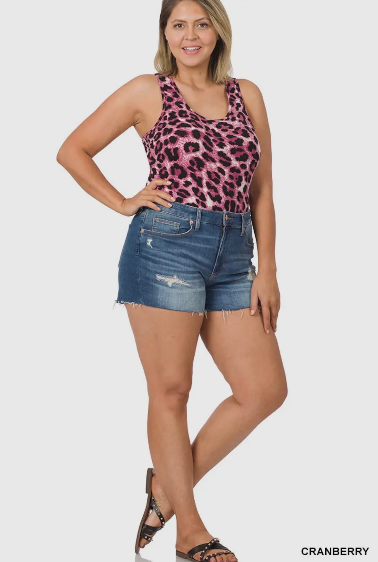 Plus size brushed dty leopard racer back tank bodysuit