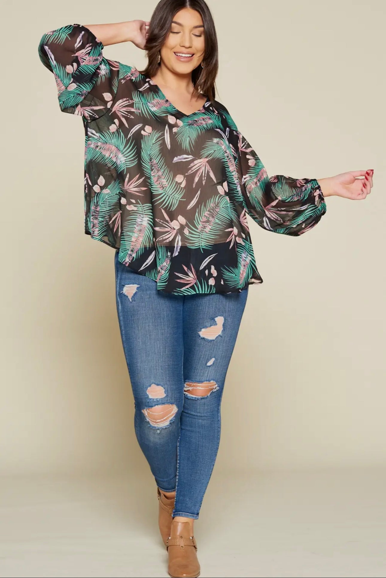 Plus size tropical leaf chiffon top