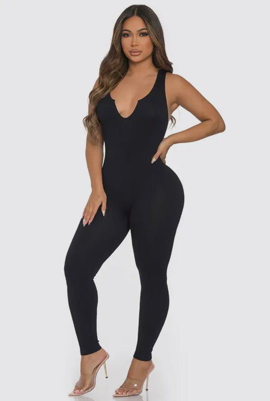 Seamless ribbed split V neck jumpsuit