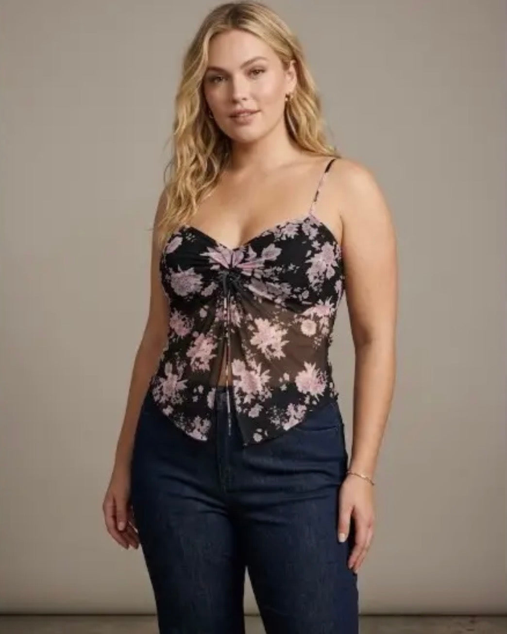 Plus size floral mesh twist front slit tank top