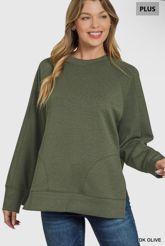 Plus scuba round neck pullover with side slits