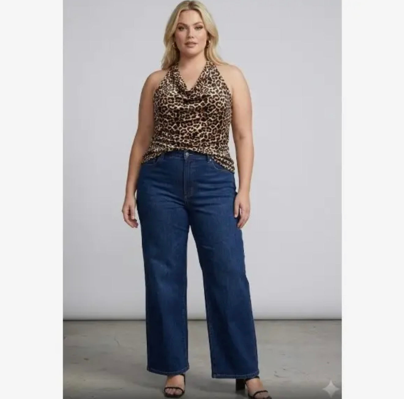 Plus size leopard print halter cowl neck top