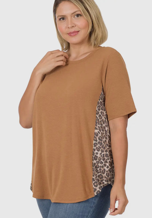 Deep camel leopard side print short sleeve