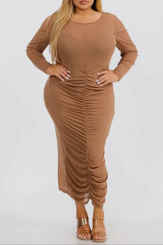 Solid ruched front bodycon mesh maxi dress