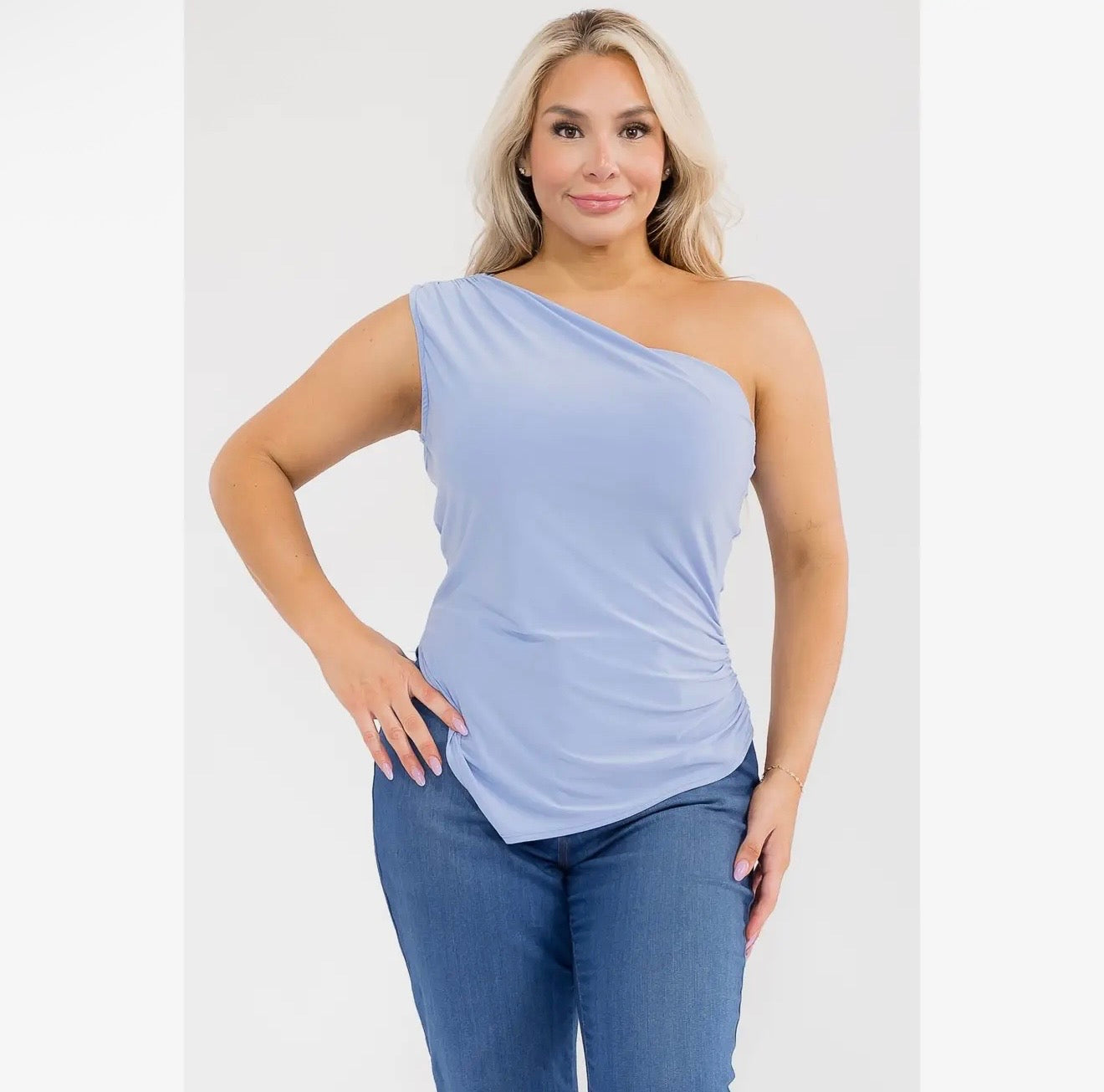 Plus size one shoulder asymmetrical hem ruched side