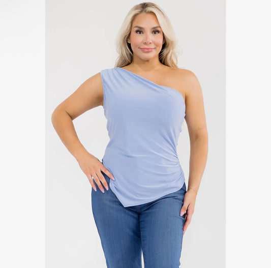 Plus size one shoulder asymmetrical hem ruched side