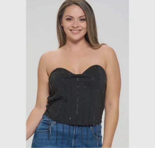 Plus size sweetheart neck rhinestone fringe back zip tube top