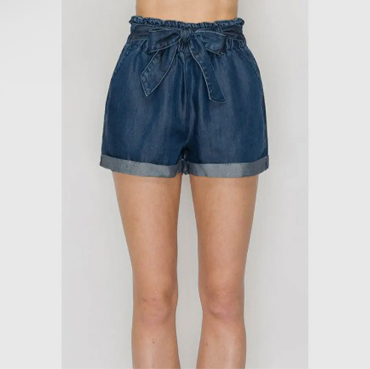 Elastic waist front tie denim jean shorts