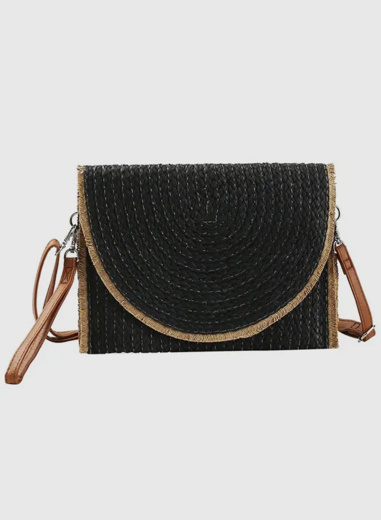 Frayed trim two tone straw clutch crossbody bag