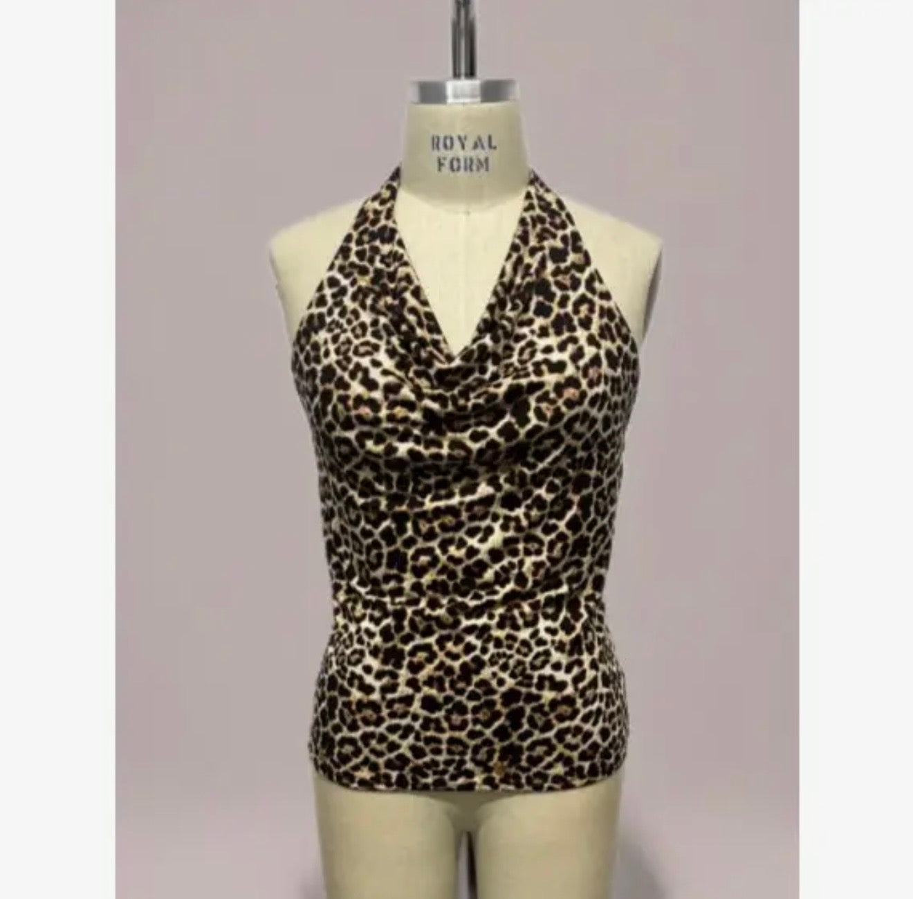 Plus size leopard print halter cowl neck top