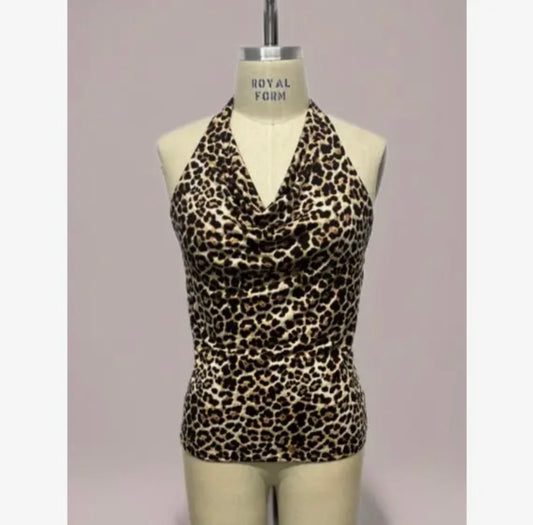 Plus size leopard print halter cowl neck top