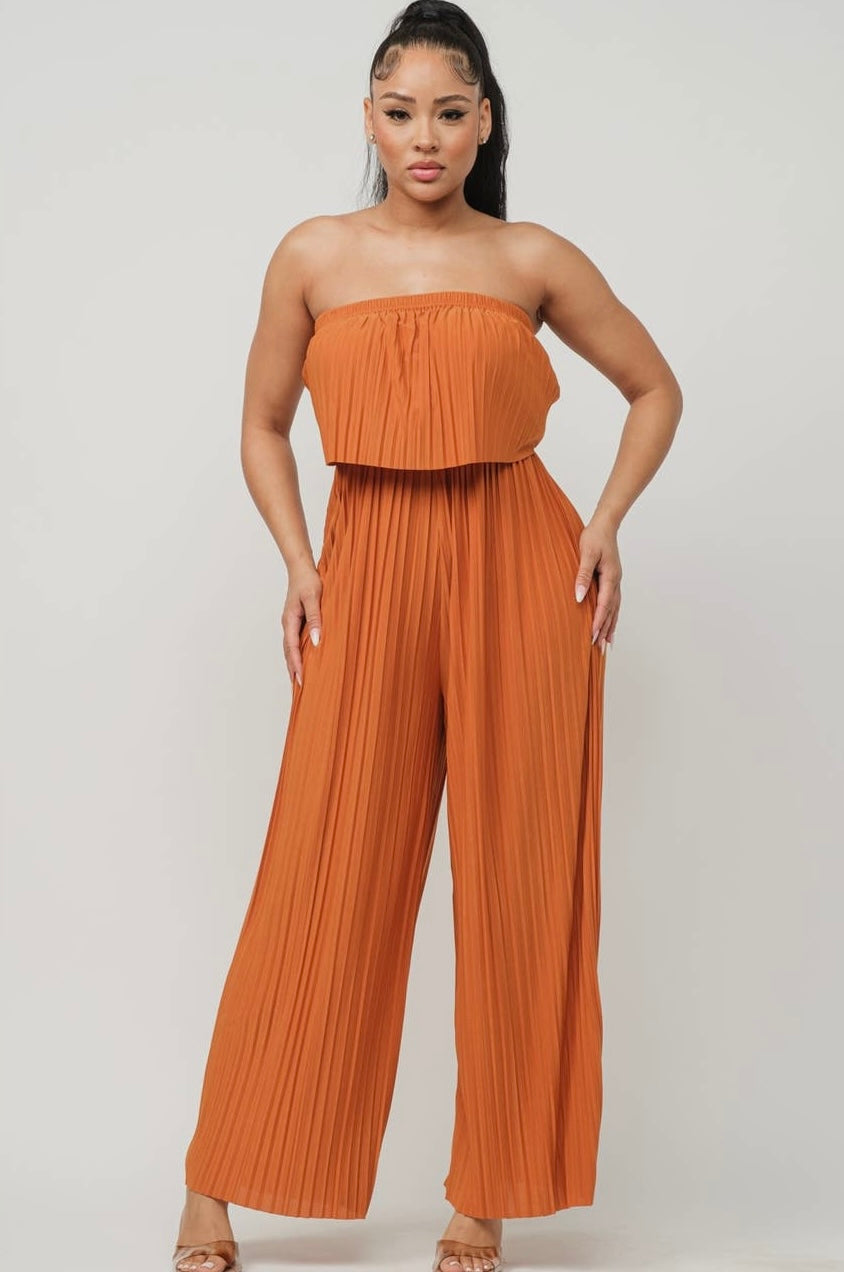 Pleated wide leg tube jumpsuit