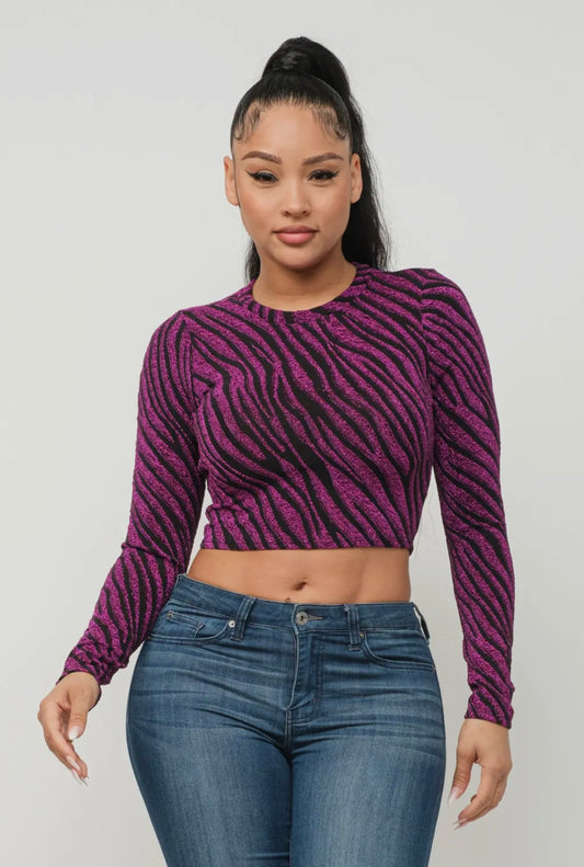 Round neck zebra long sleeve crop top