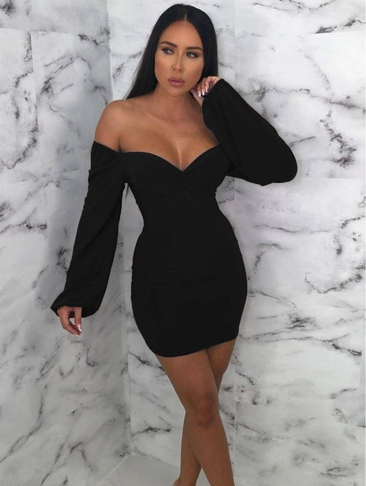 Black slinky balloon sleeve Bardot mini dress