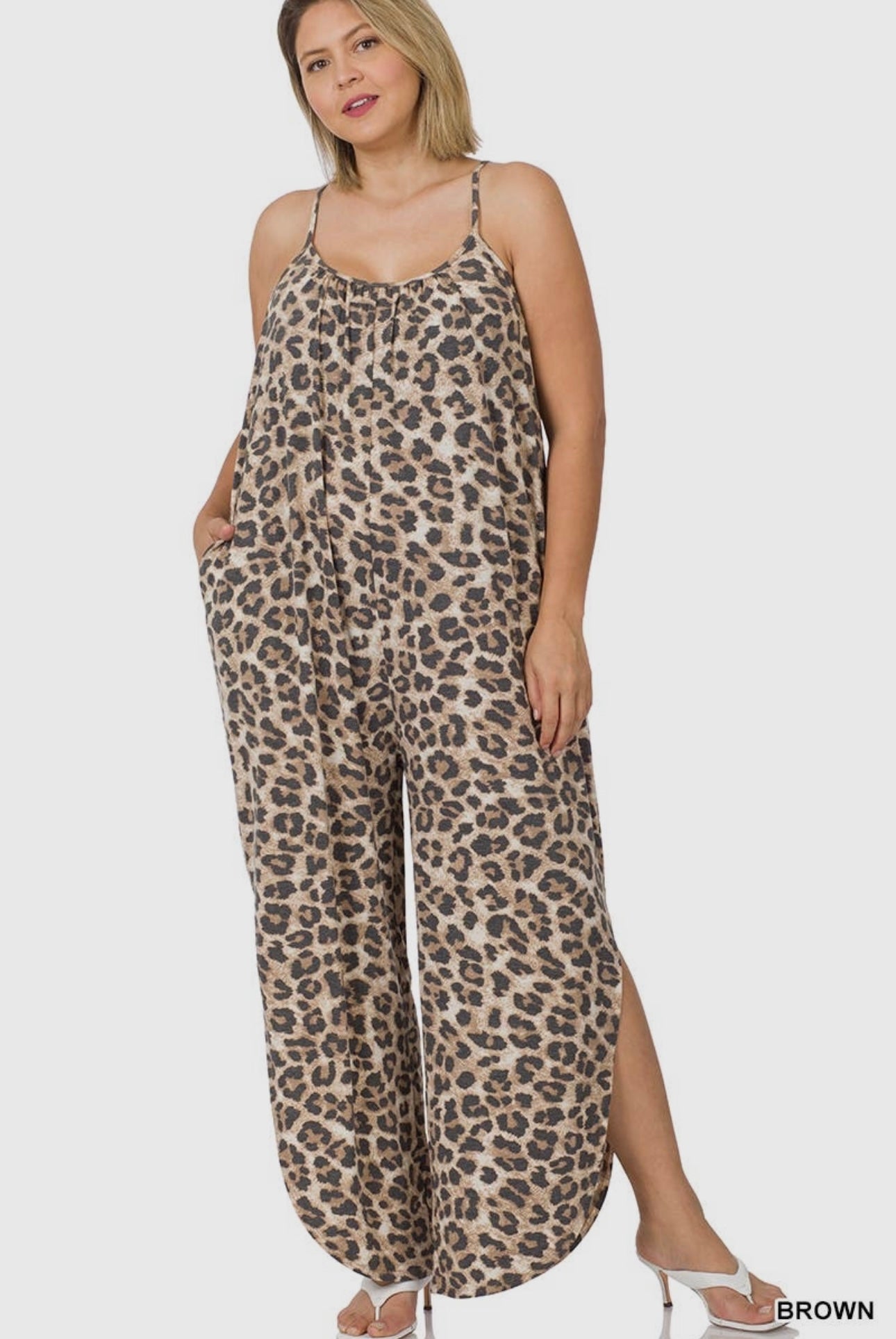 Plus size leopard jumpsuit with side slits