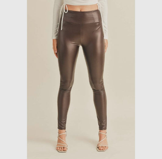 High wasted wide band leather leggings