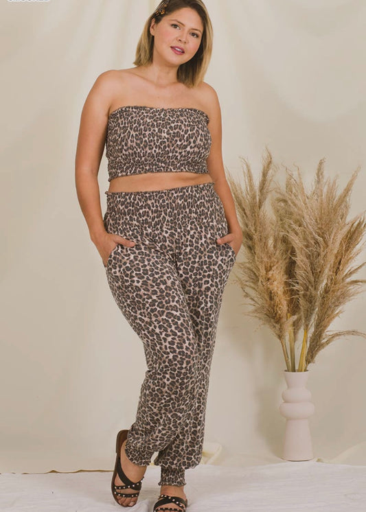 Leopard smocked tube top and lounge jogger pant set